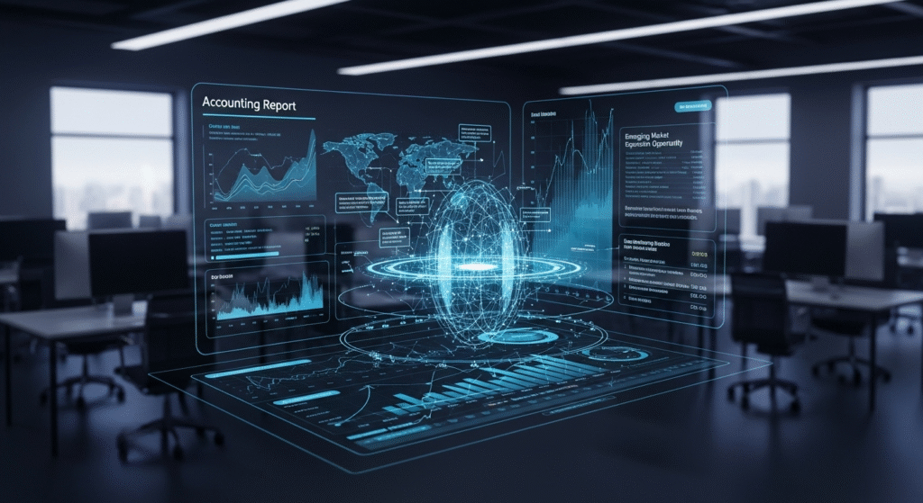 3️⃣ «نمایی از دفتر حسابداری با نمودارهای هوش مصنوعی روی مانیتور و تحلیل داده‌های مالی» 