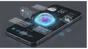 در این تصویر، آیفونی با طراحی مدرن و جلوه‌های هوش مصنوعی دیده می‌شود که نسخه جدید iOS 26.1 را به نمایش می‌گذارد. تمرکز تصویر بر روی هوشمندی و یکپارچگی سیستم جدید اپل است.