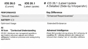 این تصویر به صورت اینفوگرافیک، تفاوت‌های بین نسخه iOS 26.1 و iOS 26.0 را از نظر عملکرد، مصرف باتری و طراحی مینیمال جدید نشان می‌دهد.