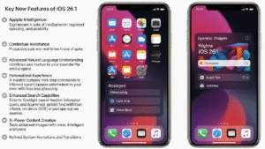"چند صفحه نمایش آیفون با جلوه‌های جدید رابط کاربری، اپلیکیشن‌ها و ترجمه زنده AirPods، با رنگ‌بندی روشن و مدرن."