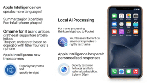 در تصویر، نماد هوش مصنوعی اپل روی آیفون دیده می‌شود که داده‌ها را به صورت محلی (Local AI) و بدون اتصال به سرور پردازش می‌کند؛ نماد زبان‌ها نیز نشان‌دهنده پشتیبانی چندزبانه است.