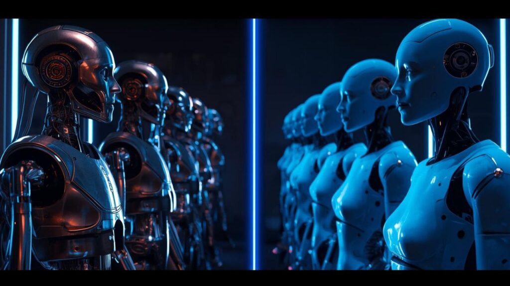 ربات‌های انسان‌نمای قدیمی و جدید روبه‌روی هم؛ نماد پیشرفت فناوری و طراحی هوش مصنوعی