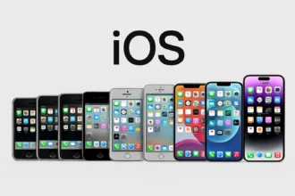 «تصویر چیدمان‌شده از تمام مدل‌های آیفون از نسخه‌های قدیمی تا جدیدترین نسل، همراه با عبارت iOS در پس‌زمینه»