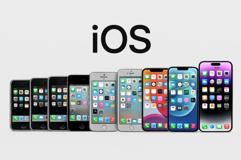 «تصویر چیدمان‌شده از تمام مدل‌های آیفون از نسخه‌های قدیمی تا جدیدترین نسل، همراه با عبارت iOS در پس‌زمینه»