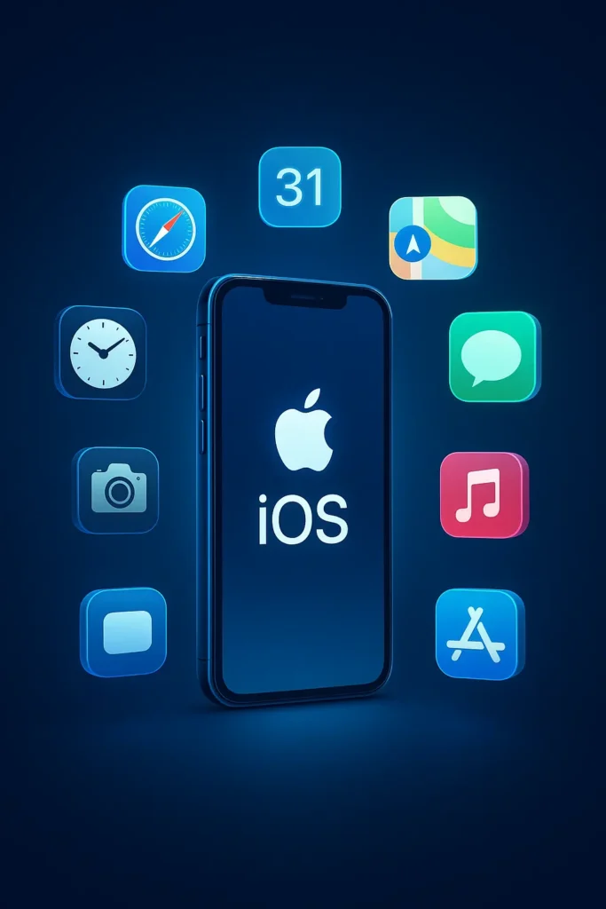 «آیکون‌های شناور اپلیکیشن‌های اپل در فضایی سه‌بعدی برای نمایش ویژگی‌های کلیدی سیستم‌عامل iOS»