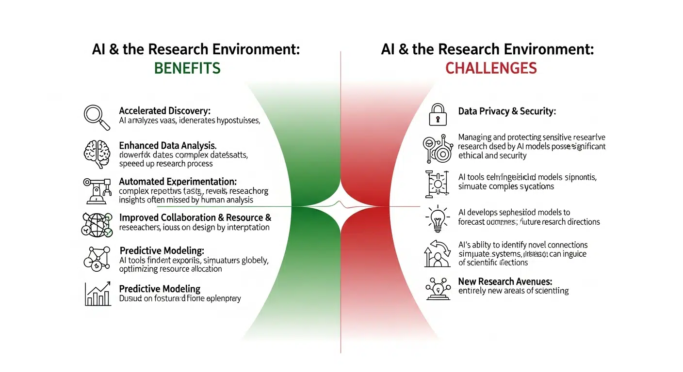 A two-part diagram of benefits and challenges, with elements of artificial intelligence and scientific research.