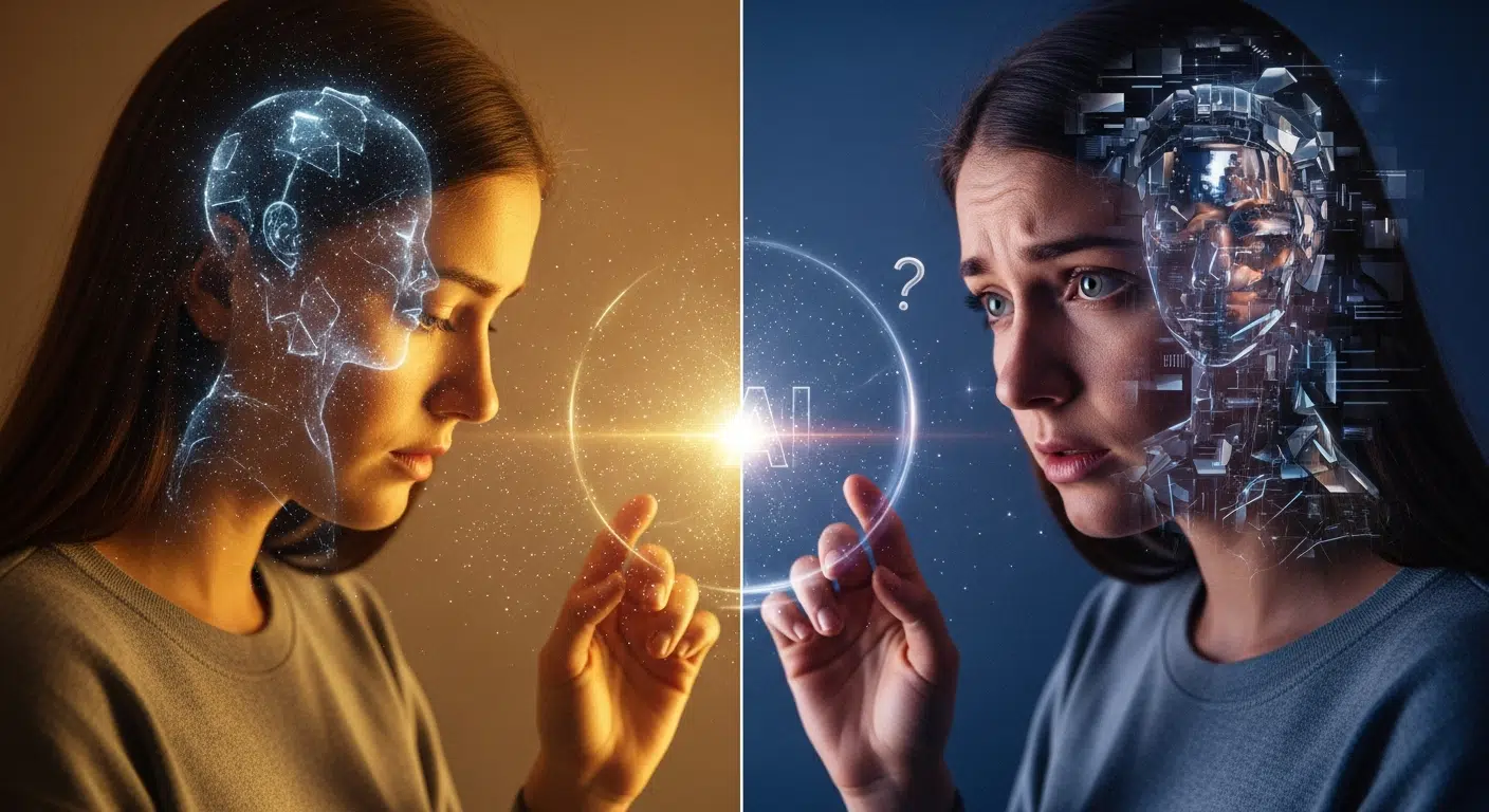 A user has an emotional conversation with an AI avatar of a deceased person on the 2wai app.