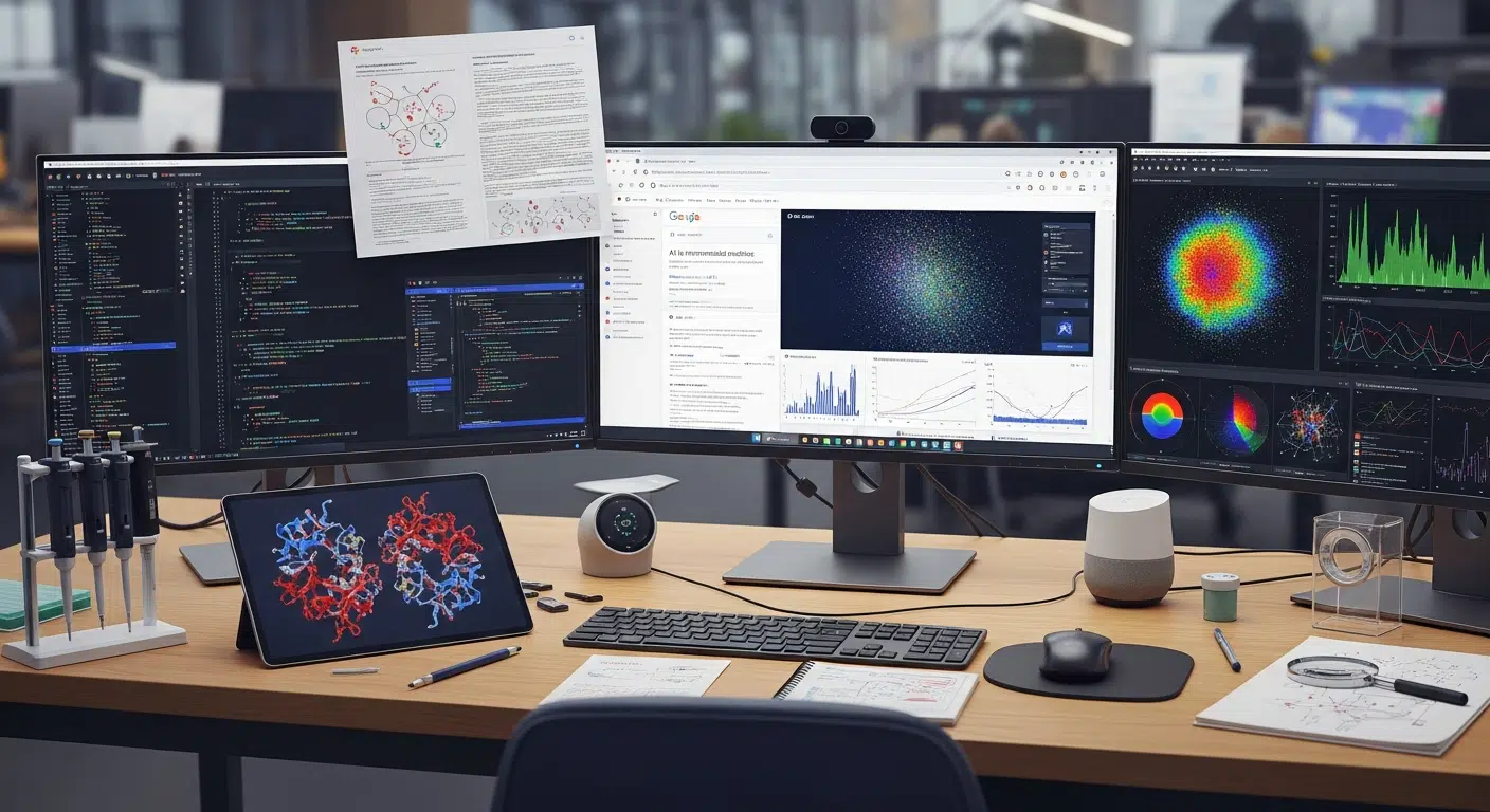 Digital research desk with Google and AI tools, displaying dashboards of articles and charts