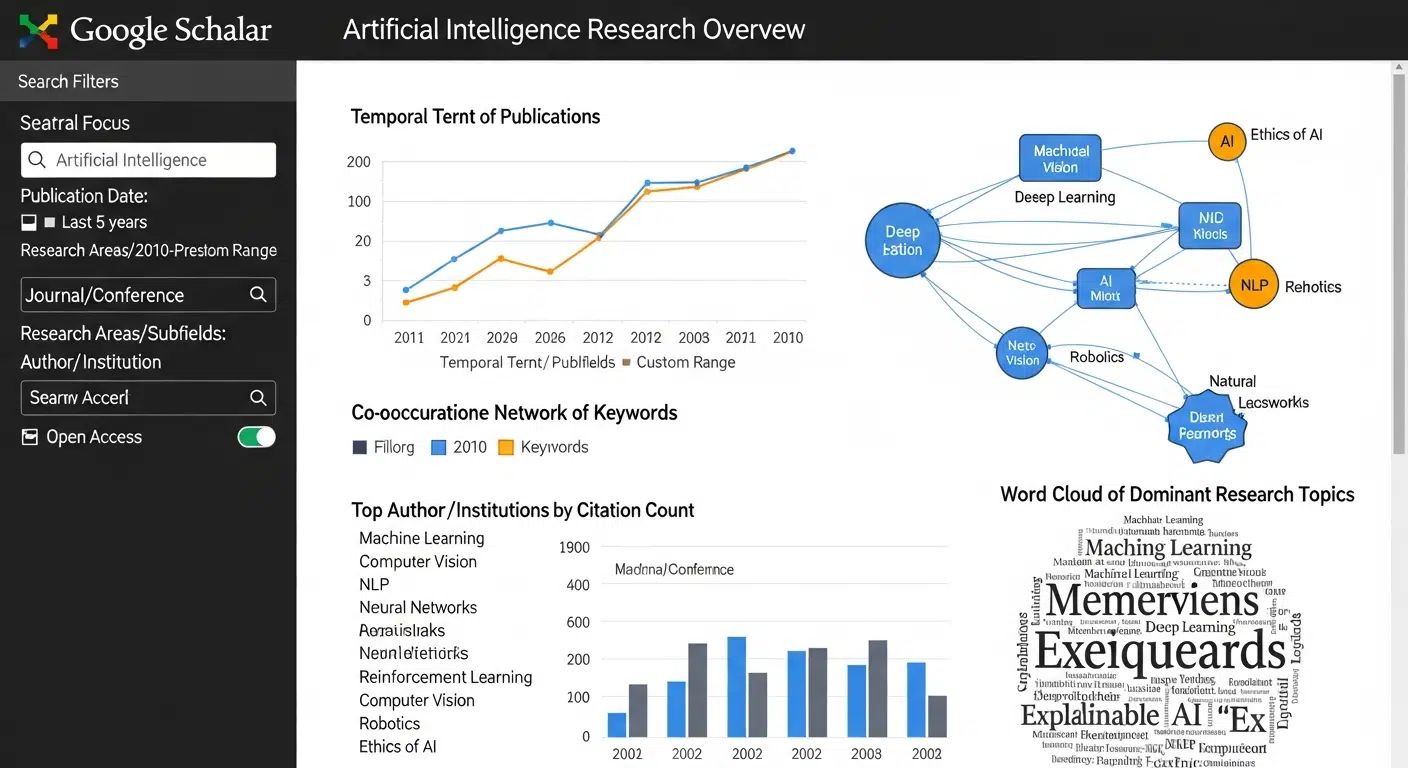 Google Scholar dashboard with AI tools displaying scientific articles and data analysis