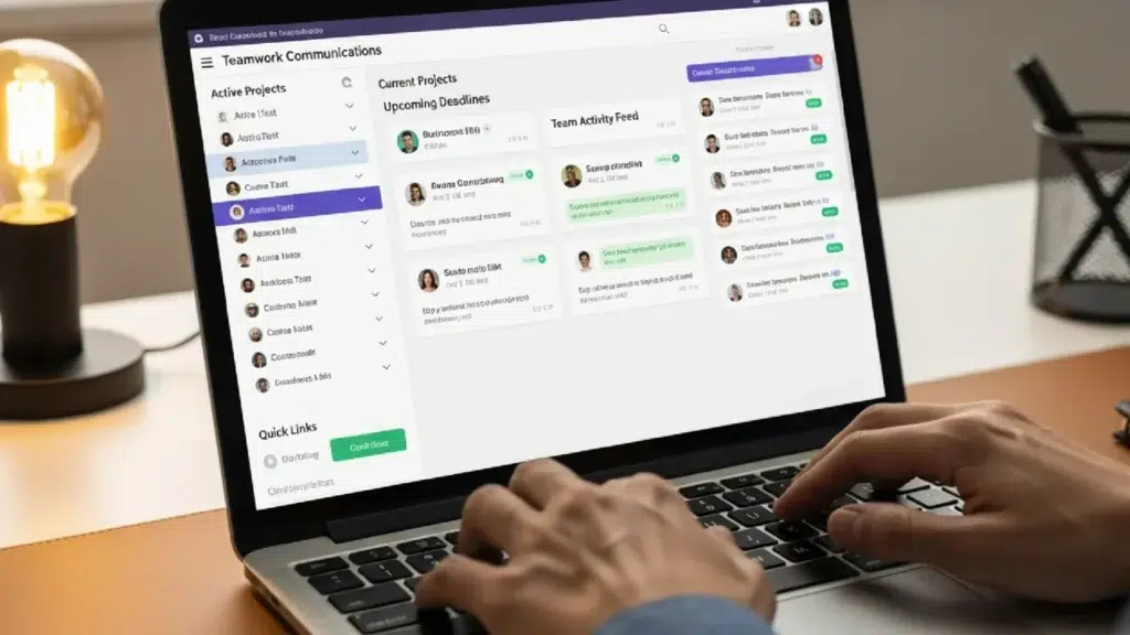 نمای نزدیک از لپ‌تاپ با صفحه چت گروهی و دست‌های در حال تایپ