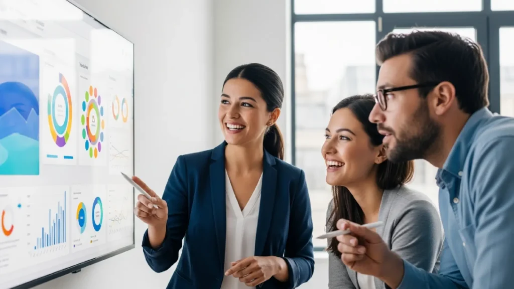 چند کارمند در حال گفتگو درباره یک پروژه روی صفحه دیجیتال