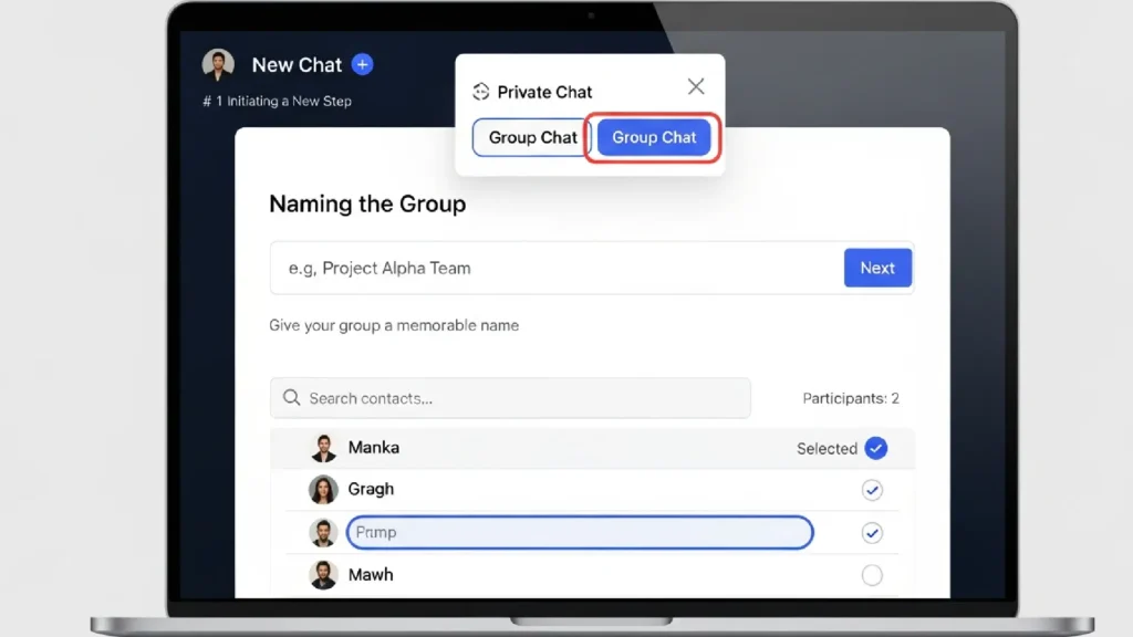 نمایش مراحل ایجاد یک گروه چت به صورت واقعی و واضح.