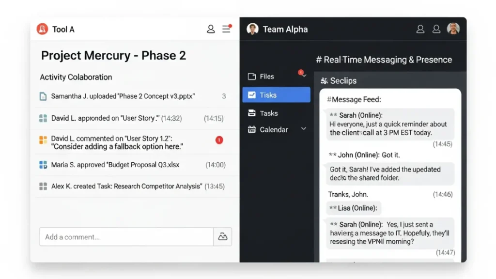 نمایی از مقایسه ابزارهای مختلف همکاری تیمی.