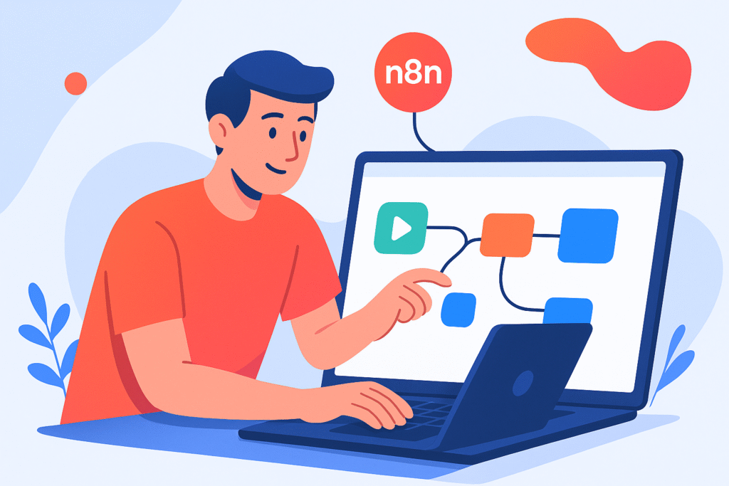 > **فردی در حال کار با n8n روی لپ‌تاپ و اتصال نودهای مختلف در یک رابط گرافیکی رنگارنگ و مدرن**