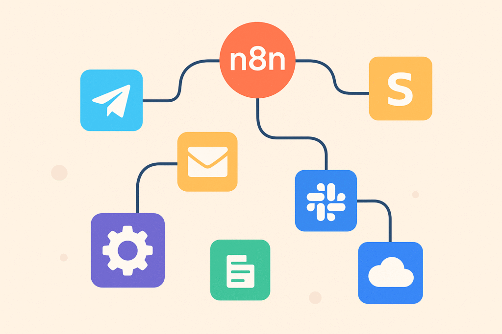 > **نودهای متنوع n8n شامل Gmail، Telegram و Slack در یک صفحه اتوماسیون گردش‌کار با طراحی فلت و مدرن**