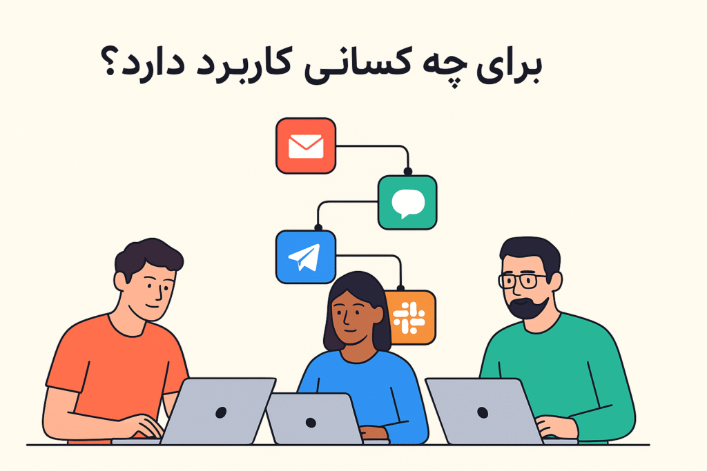 > **تصویری از کاربران مختلف شامل فریلنسر، بازاریاب و توسعه‌دهنده در حال کار با ابزار n8n برای خودکارسازی وظایف — n8n برای چه کسانی کاربرد دارد؟**