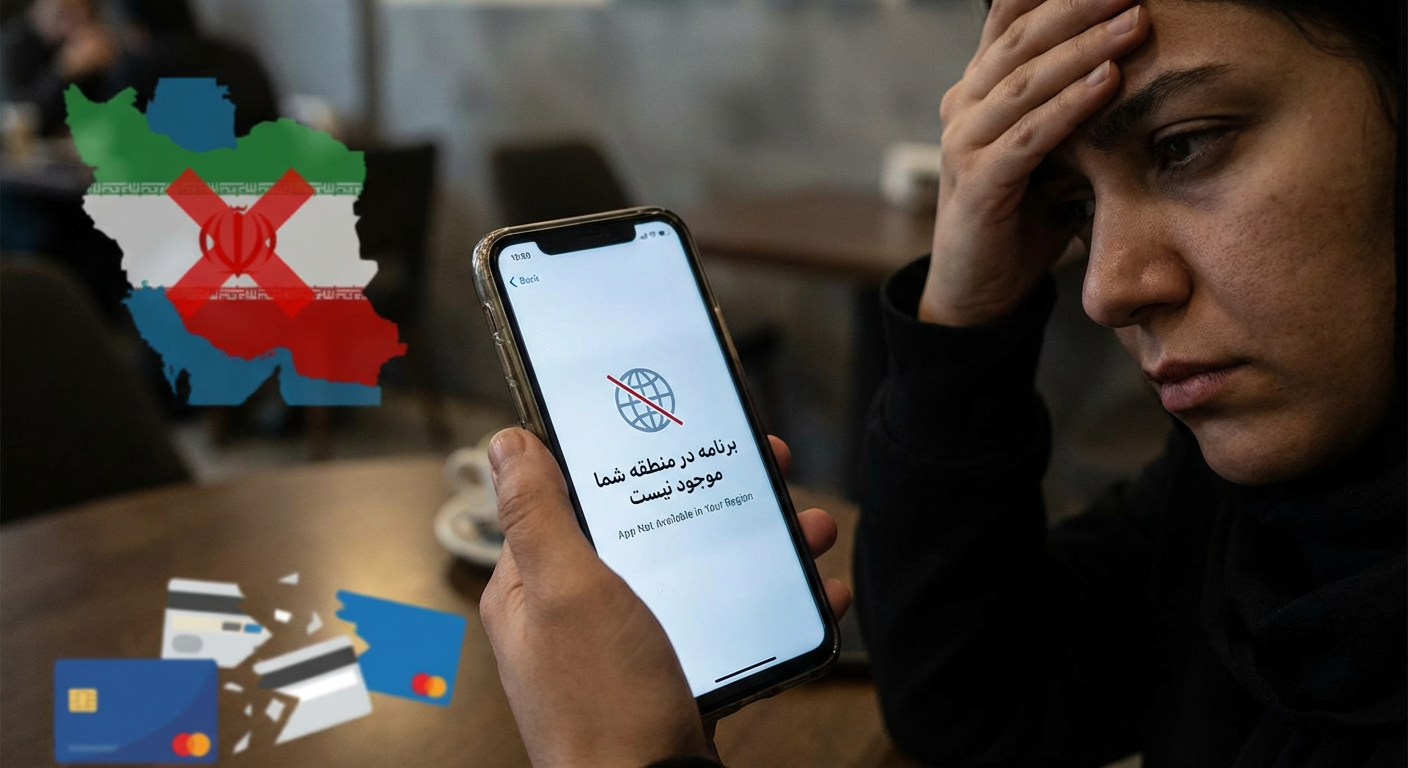 کاربر ایرانی با صفحه خطای اپ استور اپل: نمادی از تحریم‌ها و مشکلات دسترسی.