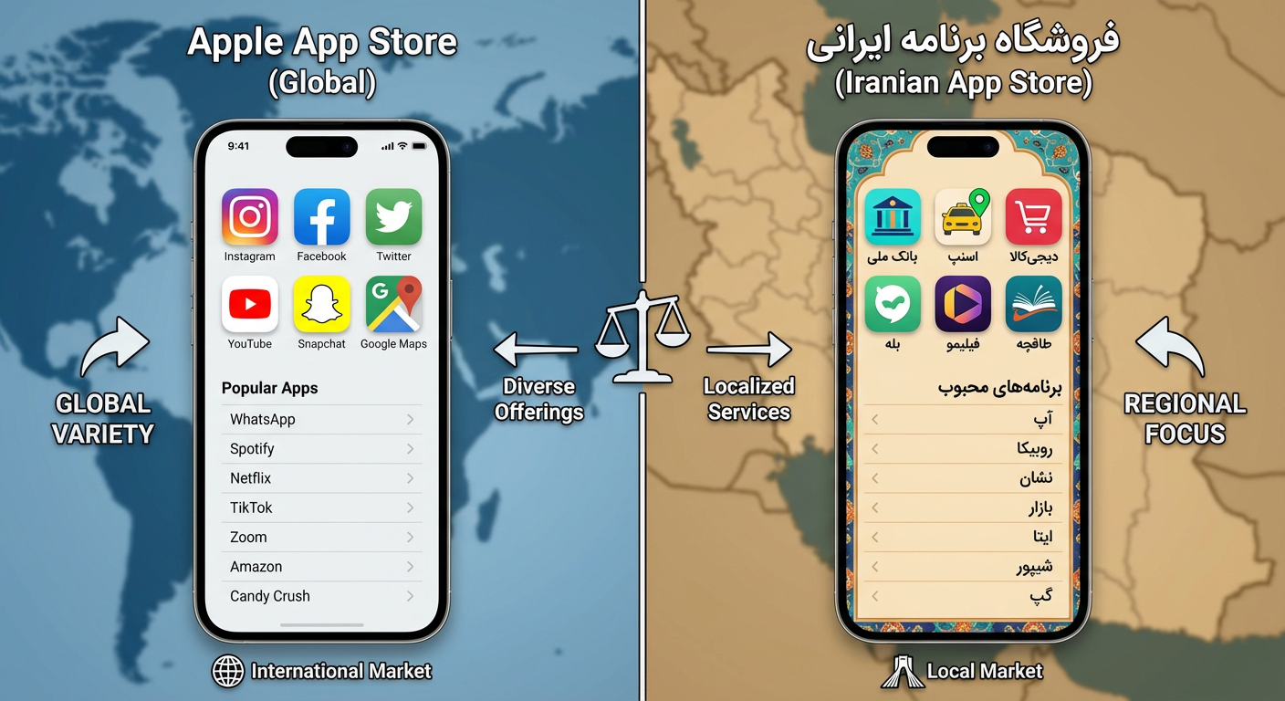 Key differences between Apple's App Store and Iranian app stores in terms of access and content.