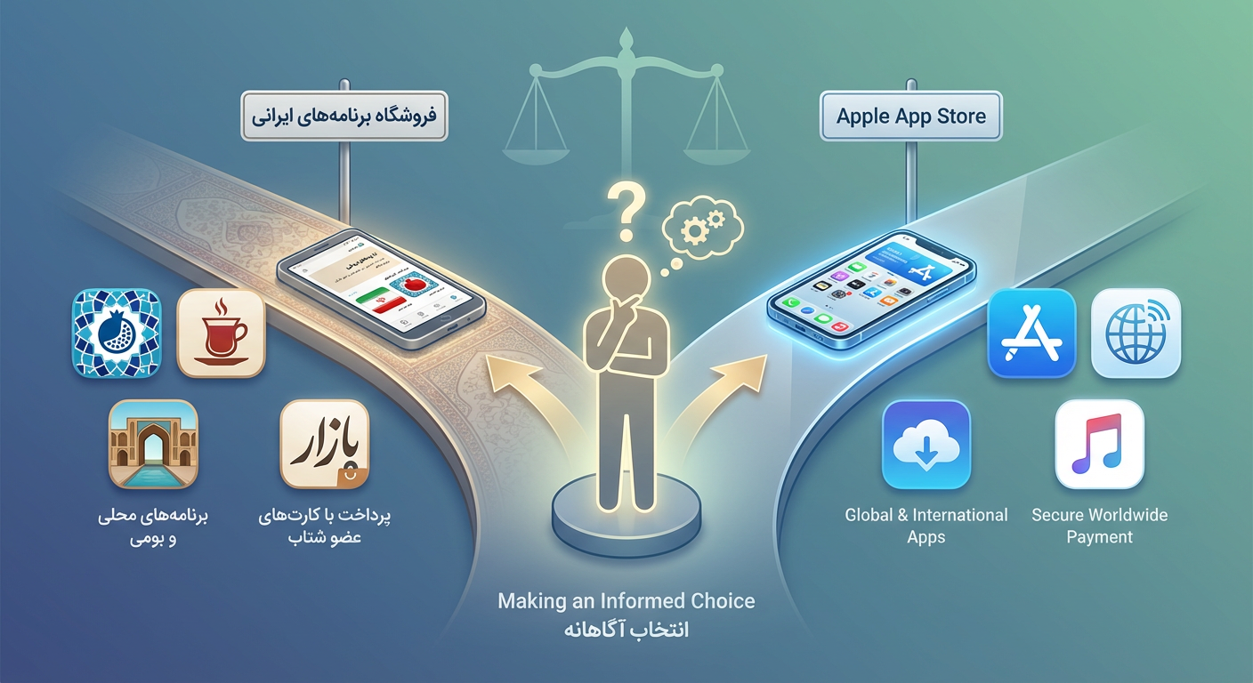 ترازوی انتخاب: تصمیم‌گیری آگاهانه بین اپ استور اپل و اپ استورهای ایرانی.