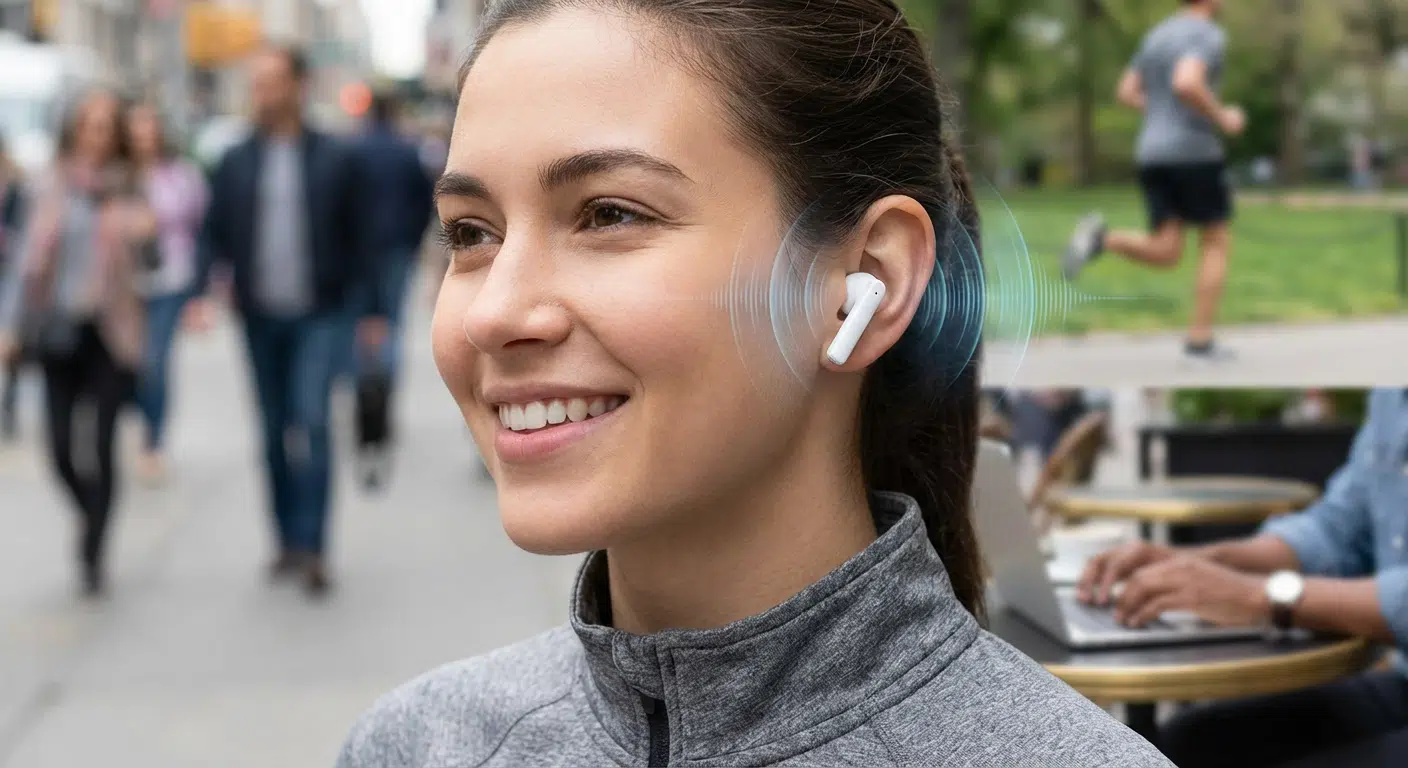 The satisfied smile of a person wearing budget AirPods for everyday use shows