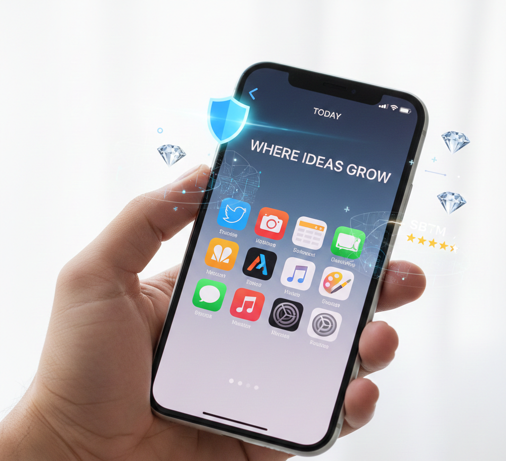 آیفون در حال نمایش اپ استور اپل: نمادی از امنیت، کیفیت و تنوع اپلیکیشن‌های جهانی.